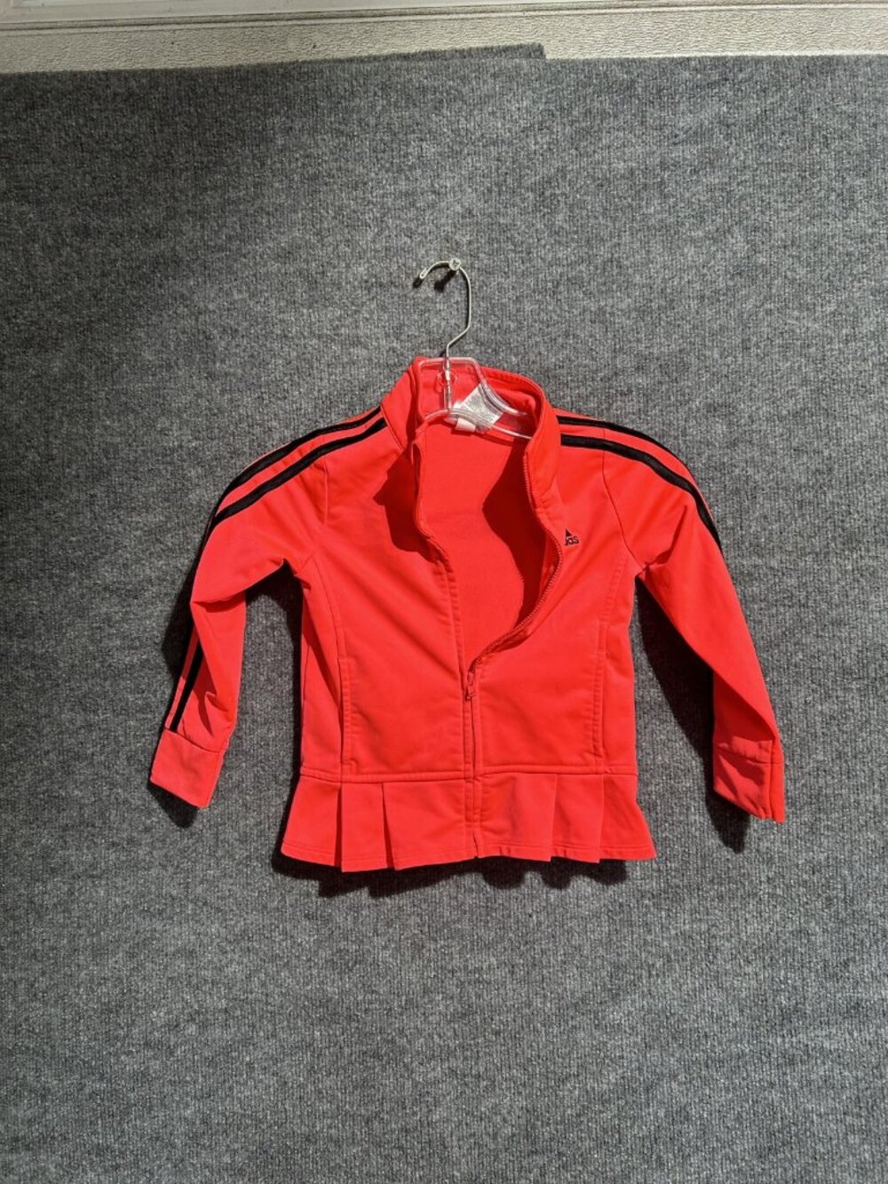 Adidas Jacket Girls 7 Red 3 Stripe Track Zip Peplum Hem Athletic Activewear